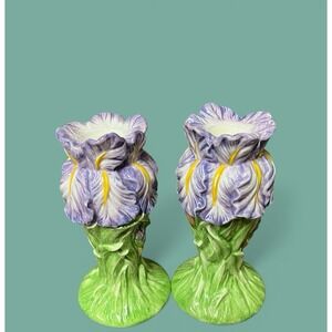 Garden Bloom Pair Purple Ceramic Iris Tapered Candle Holders 6" Easter Spring